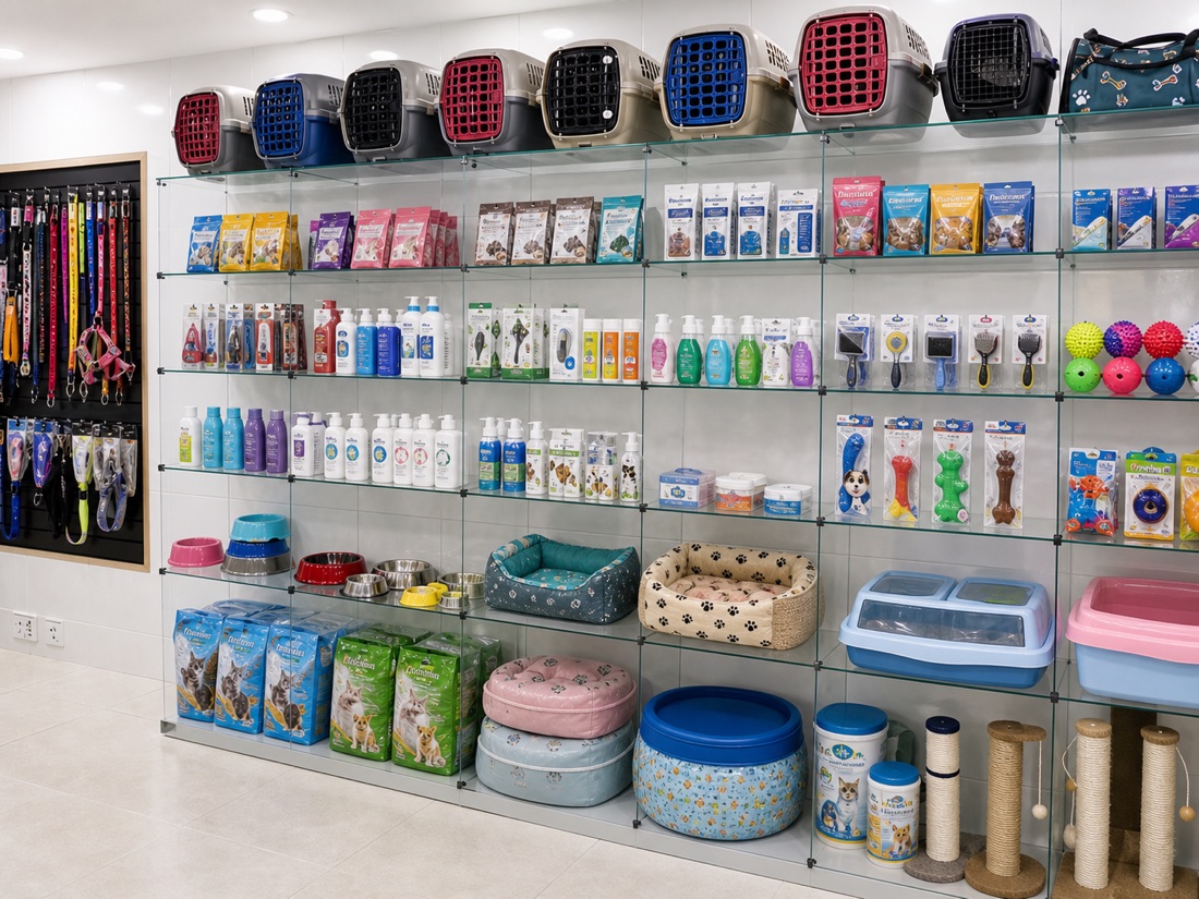 Loja veterinária com prateleiras de acessórios, caminhas, caixas de transporte e produtos para pets