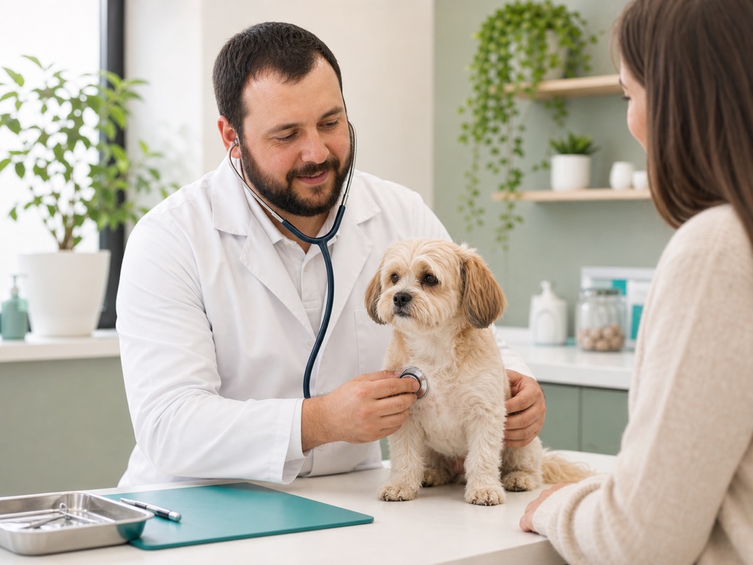 Veterinário examinando um cachorro pequeno em consulta