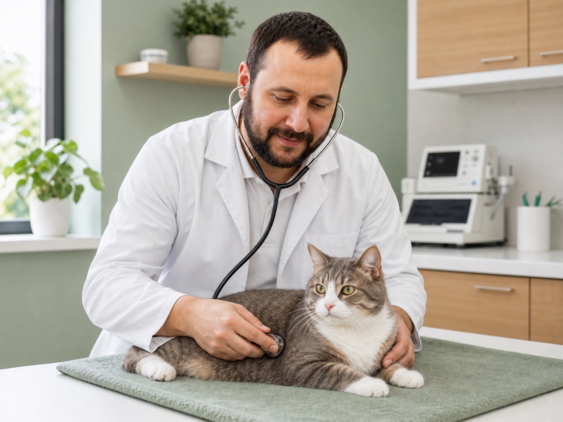 Veterinário usando estetoscópio em um gato durante exame